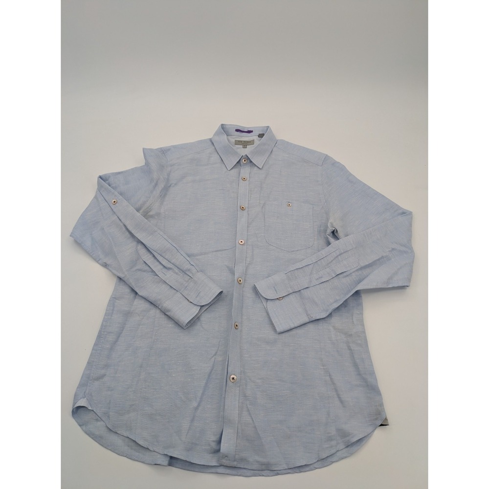 Ted Baker sz 4/L blue linen blend mens button down shirt roll tab sleeves *flaw*